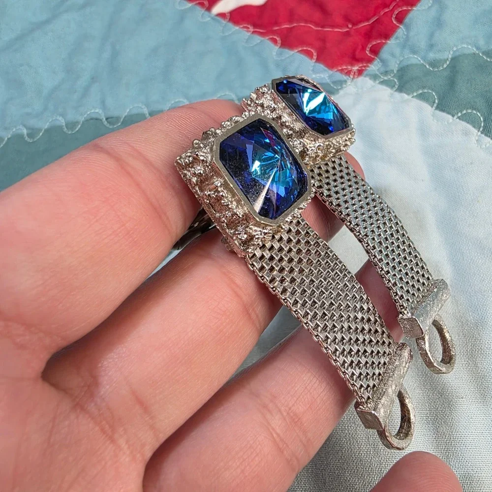 Vintage Mesh Wrap Cufflinks Mens Blue Crystal‎ Silver Tone Square Toggle Back